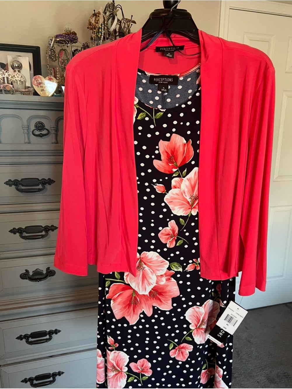 Perceptions Coral Red Cardigan over Navy Polka Dot Floral Dress